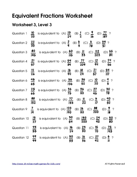 Equivalent Fractions Worksheet: Worksheet 3, Level 3 Worksheet