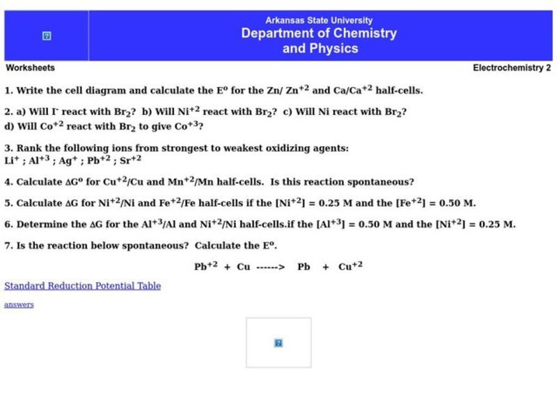 Electrochemistry Worksheet