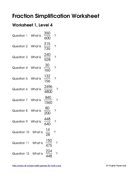 Fraction Simplification Worksheets 1-10, Level 4 Worksheet