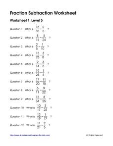 Fraction Subtraction Practice #2 Worksheet