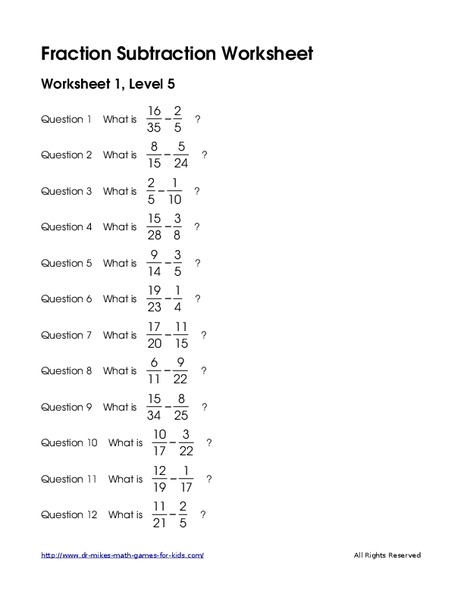 Fraction Subtraction Practice #2 Worksheet