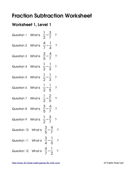 Fraction Subtraction Worksheet: Worksheet 1, Level 1 Worksheet