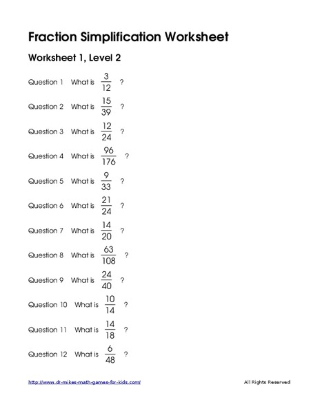 Fraction Simplification Worksheet: Worksheet 1. Level 2 Worksheet