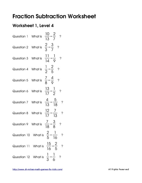Subtract Fractions-Unlike Denominators Worksheet