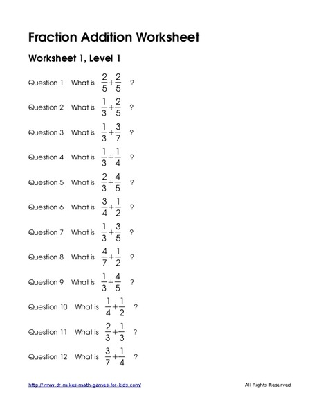 Fraction Addition Worksheet: L1 Worksheet