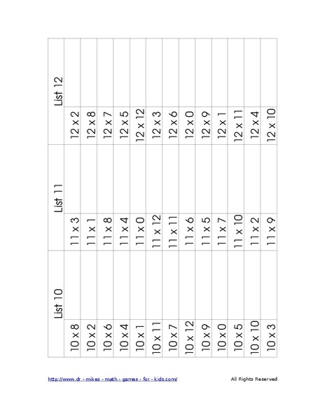 Multiplication lists: 1 - 12 Worksheet