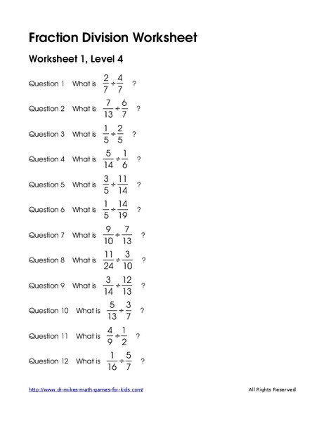 Fraction Division  Worksheet 1, Level 4 Worksheet