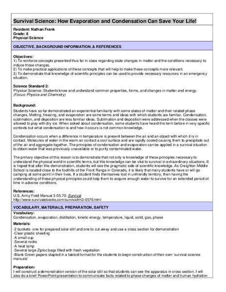 Survival Science: How Evaporation and Condensation Can Save Your Life! Lesson Plan
