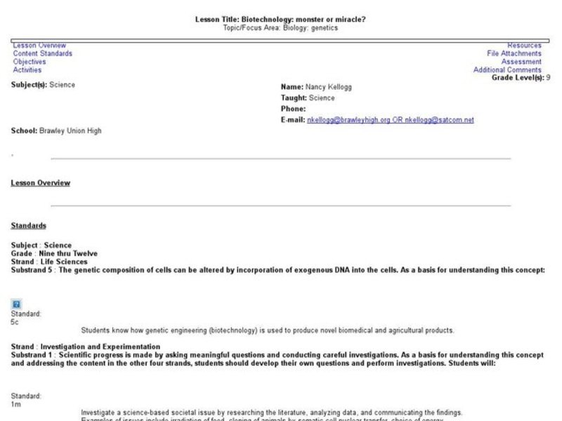 Biotechnology: Monster or Miracle Lesson Plan