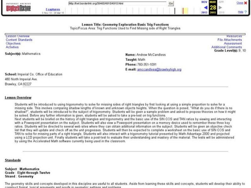 Geometry Exploration Basic Trig Functions Lesson Plan