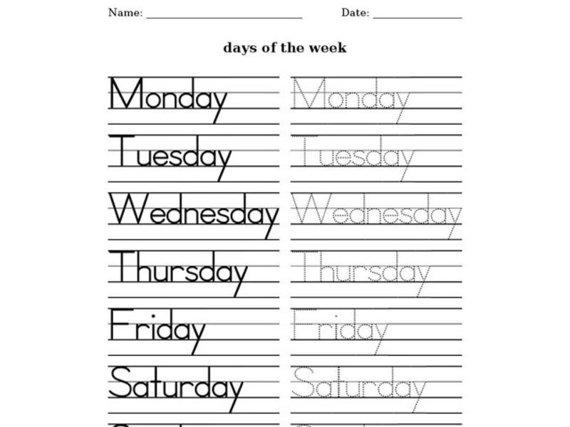 Days of the Week: tracing Worksheet