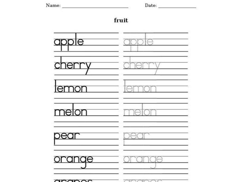 Tracing the Names of Fruit Worksheet