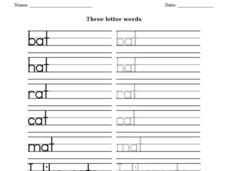 Printing Practice: Three Letter Words and Simple Sentences Worksheet