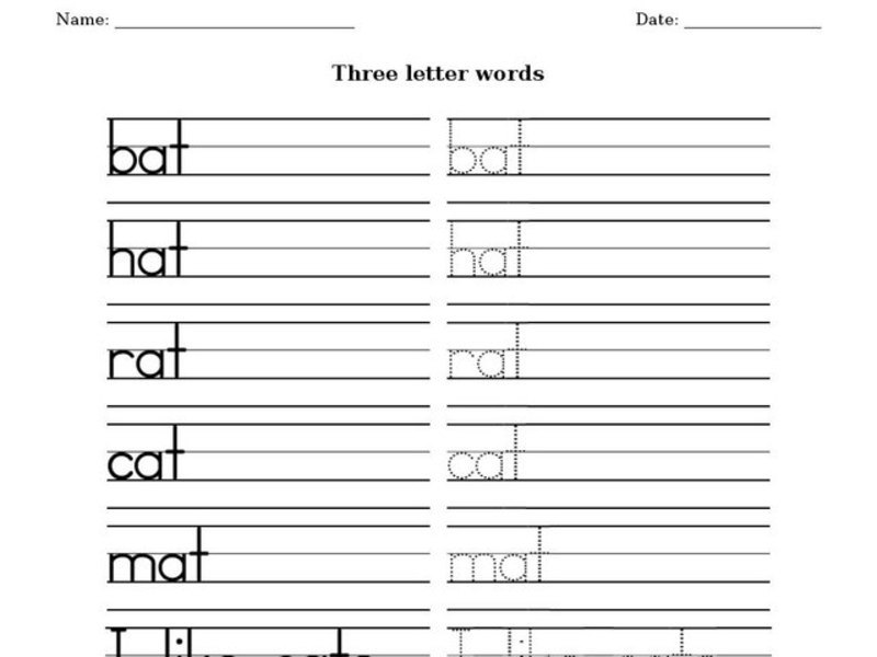 Printing Practice: Three Letter Words and Simple Sentences Worksheet