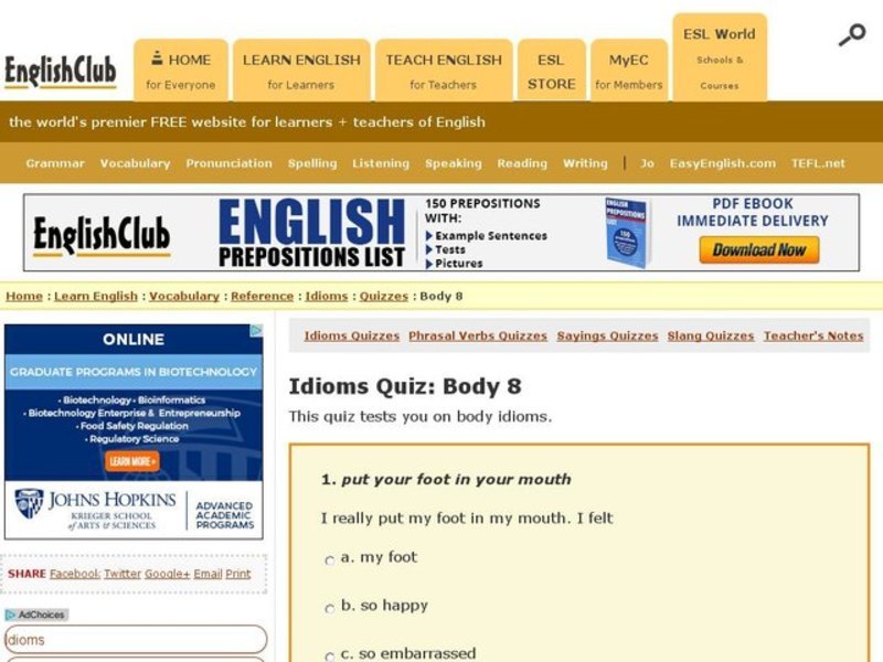Idioms Quiz:  Body 8 Interactive