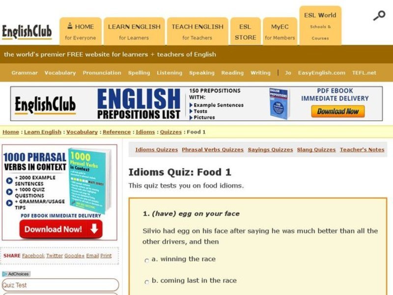Idioms Quiz: Food 1 Interactive