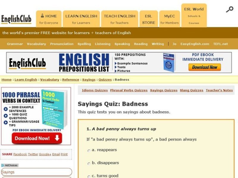 Sayings Quiz:  Badness Worksheet