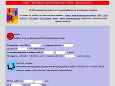 Completing/Balancing Word/Symbol Equations Worksheet