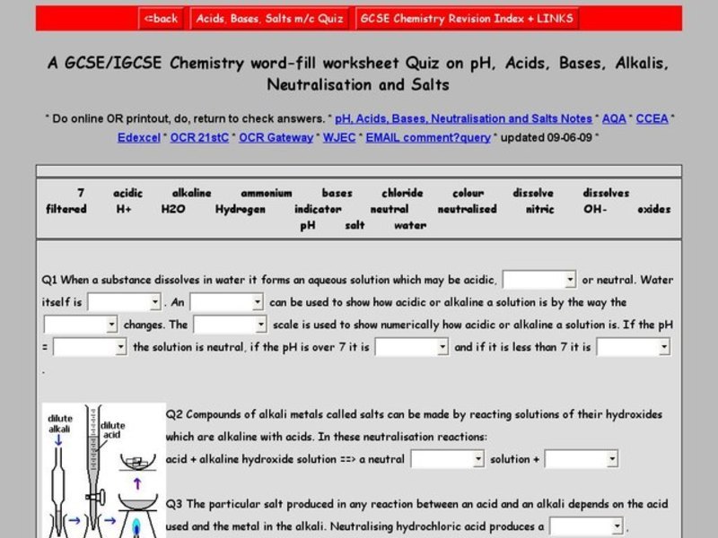 Quiz on pH, Acids, Bases, Alkalis, Neutralisation and Salts Worksheet