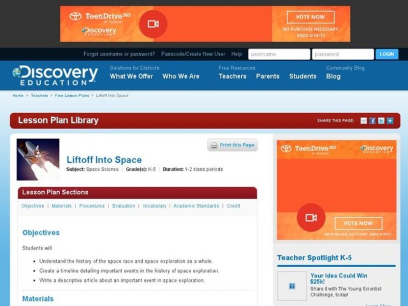Liftoff Into Space Lesson Plan