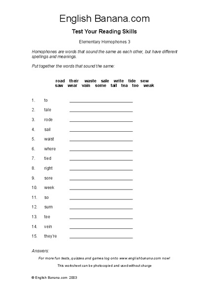 Elementary Homophones 3 Worksheet