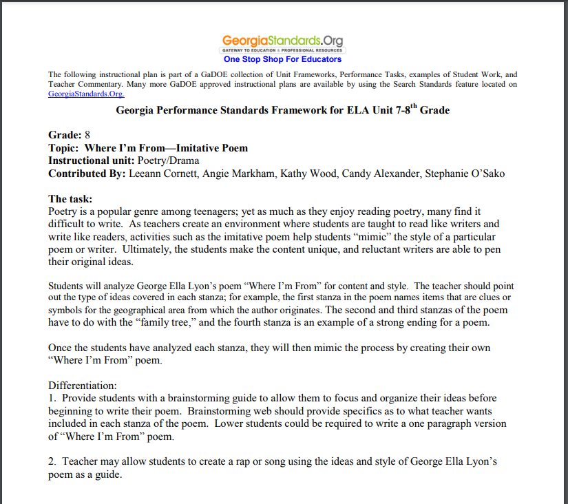 Where I'm From: Imitative Poem Lesson Plan