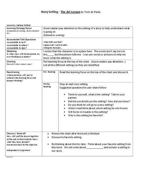 Story Setting - The Art Lesson by Tomi dePaola Lesson Plan