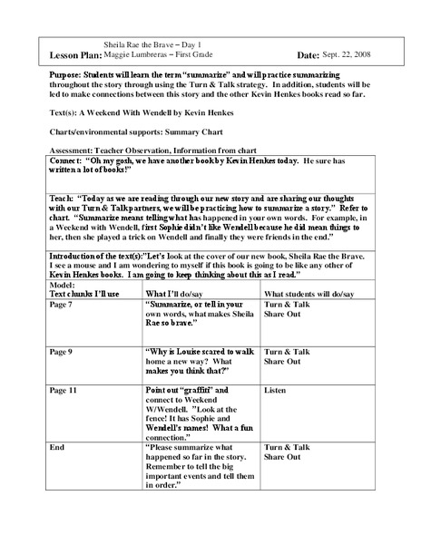 Sheila Rae the Brave Lesson Plan