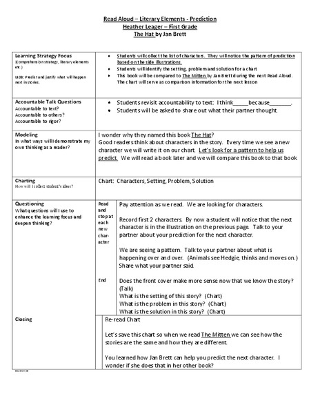 Read Aloud- Literary Elements- Prediction Lesson Plan