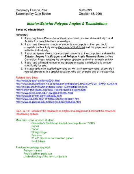 Interior/Exterior Polygon Angles and Tessellations Lesson Plan