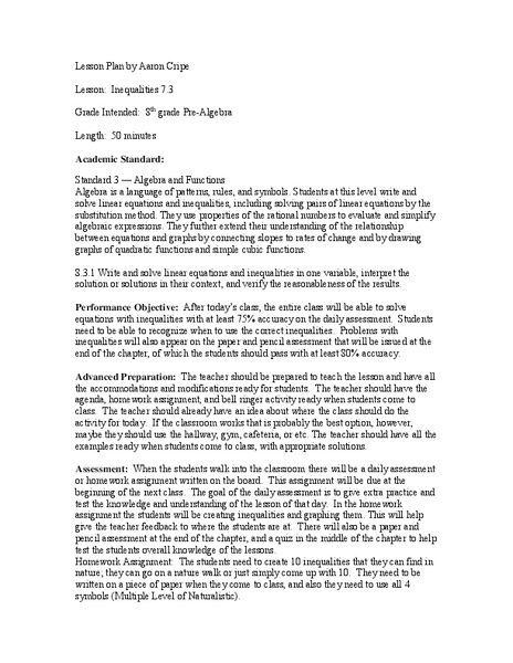 Inequalities 7.3 Lesson Plan