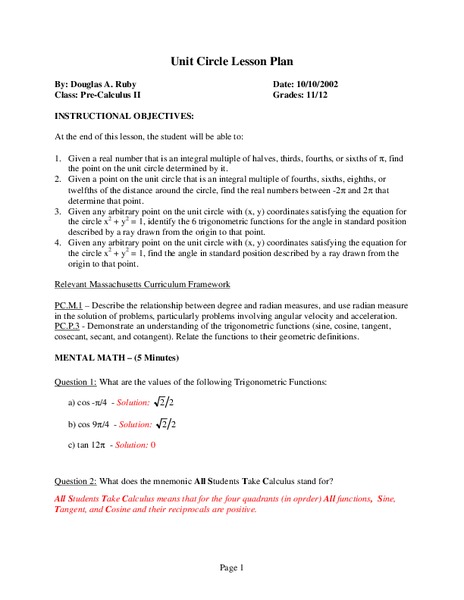 Unit Circle Lesson Plan Lesson Plan