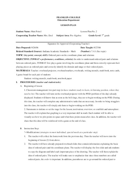 Ordered Pairs on a Coordinate Plane Lesson Plan