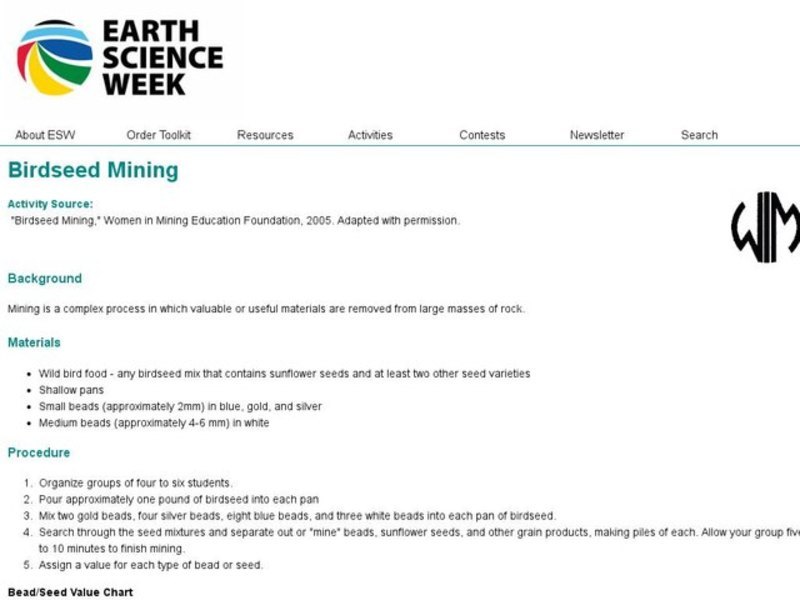 Birdseed Mining Lesson Plan