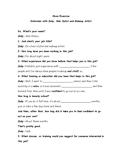 Cloze Exercise:  Interview with Jody, Hair Stylist and Makeup Artist Worksheet