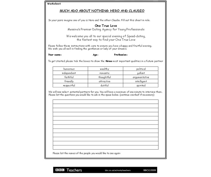 Much Ado About Nothing: Hero and Claudio Worksheet