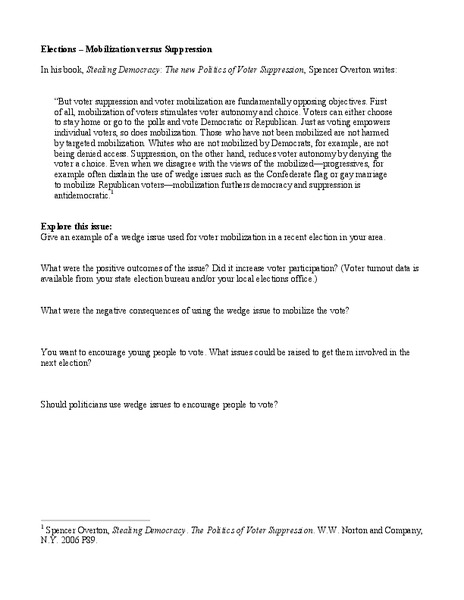 Elections - Mobilization Versus Suppression Lesson Plan