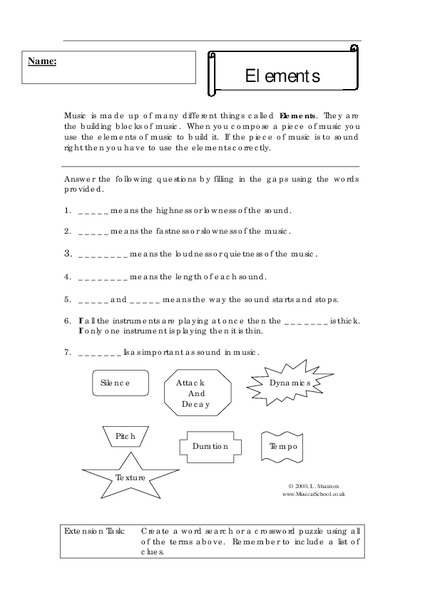 Elements of Music Worksheet