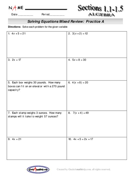 Solving Equations Mixed Review Lesson Plan