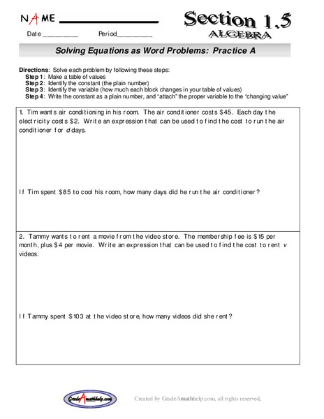 Solving Equations as Word Problems Lesson Plan