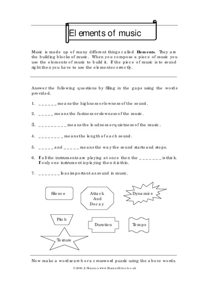Elements of Music Worksheet
