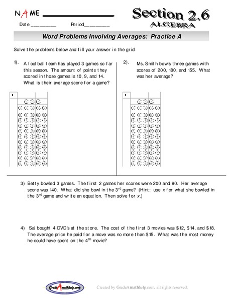 Word Problems Involving Averages:  Practice A Lesson Plan