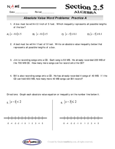 Absolute Value Word Problems: Practice A Lesson Plan