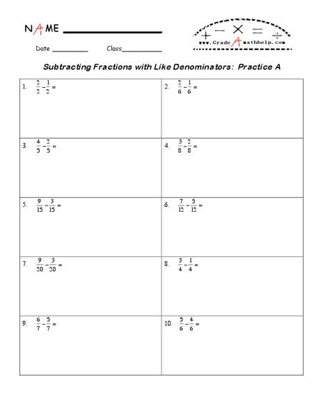 Subtracting Fractions with Like Denominators Lesson Plan