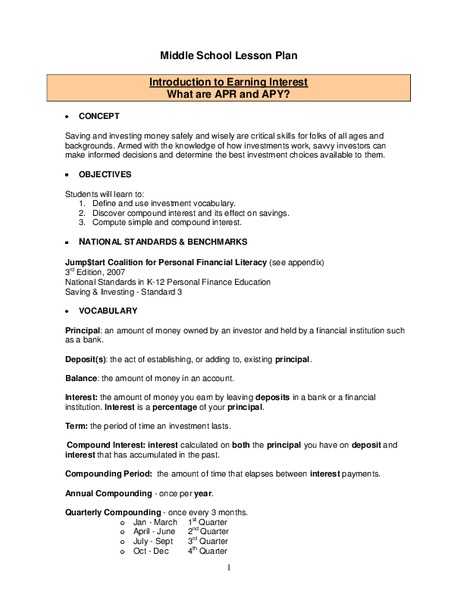 Introduction to Earning Interest:  What are APR and APY? Lesson Plan