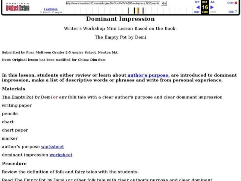 Dominant Impression: Writer's Workshop Mini Lesson Based on the book: The Empty Pot by Demi Lesson Plan