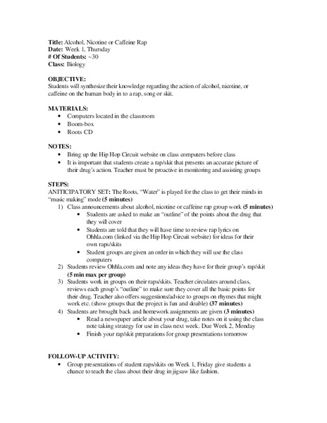 Alcohol, Nicotine or Caffeine Rap Lesson Plan