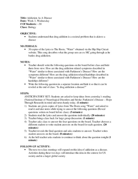 Addiction As A Disease Lesson Plan