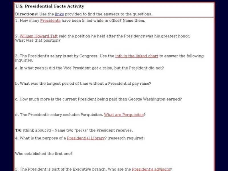 U.S. Presidential Facts Activity Interactive