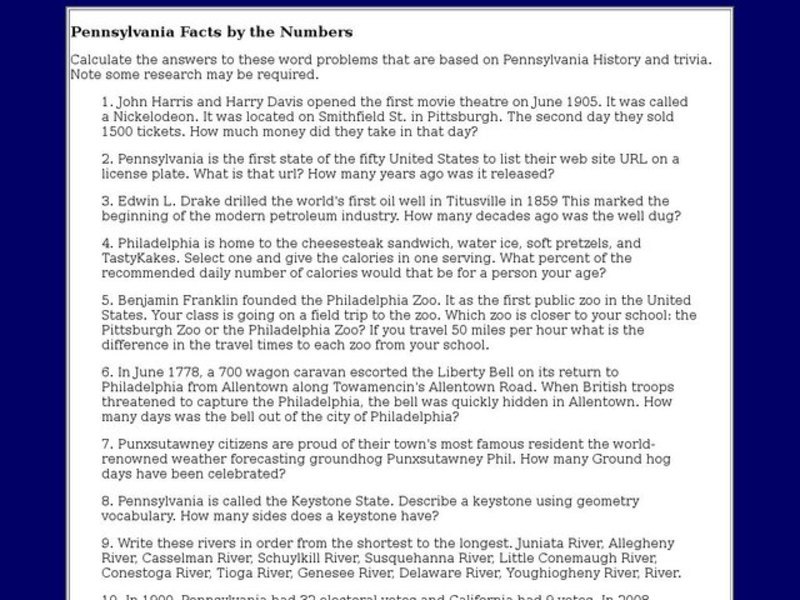 Pennsylvania facts by the numbers Worksheet